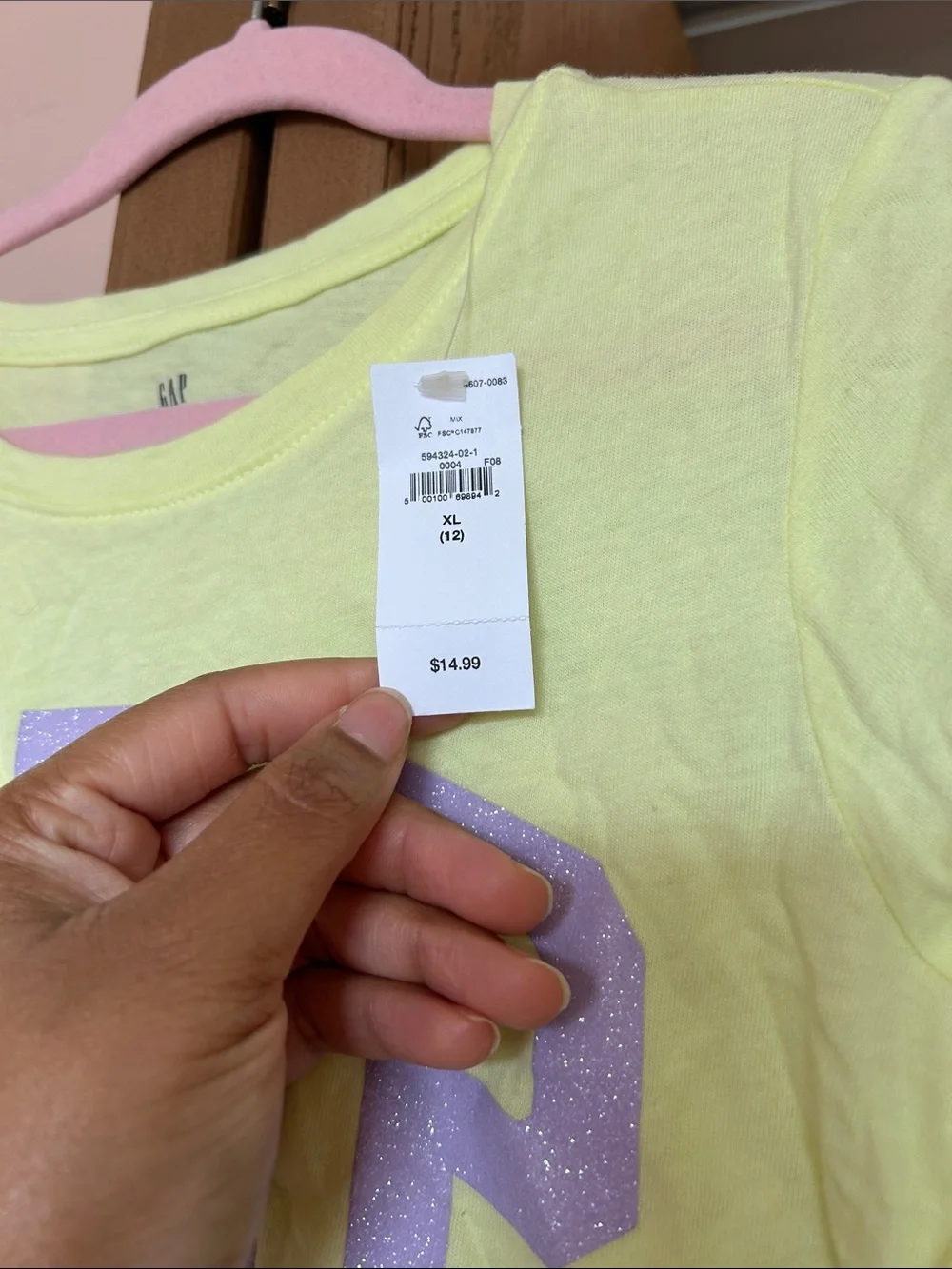 GAP Pale Yellow Tee with Lilac Glitter Logo